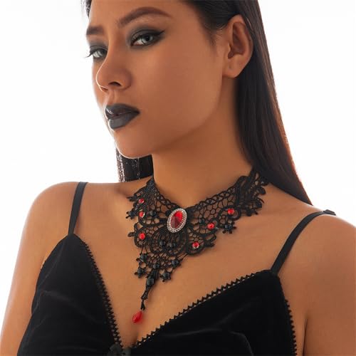 Black Lace Choker Necklace for Women Halloween Gothic Vampire Red Crystal Necklaces Steampunk Cosplay Costume Party Necklace Halloween Jewelry - color: Red