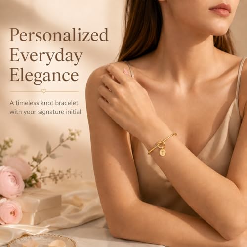 LemonRose Initial Bracelets for Women - Dainty Tie the Knot Letter A-Z 14K Gold Plated for Women Gold Cuff Bracelet for Womens Jewelry Personalized Bridesmaid Proposal Gifts - color: Gold T