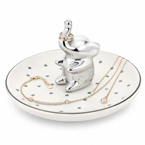 Ring Holder Jewelry Dish Elephant Ceramic Trinket Tray for Rings Earrings Necklace Bracelet Keys, Silver Elephant Jewelry Organizer Dish for Vanity Nightstand Bathroom Countertop - color: Elephant