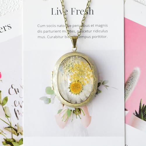 Vintage Photo Locket Necklace Handmade Pressed Flower Locket Necklace for Women - style: Shasta Daisy(1.53"x 1.85")