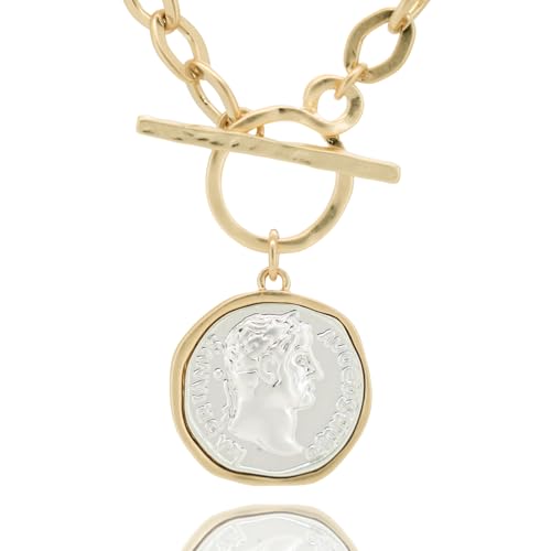 Women's Chunky Coin Necklace, 18K Gold Plated, 18-Inch Toggle Chain | Double-Sided Antique Coin Pendant with Thick Link Chain for Layered Looks and Vintage Statement Style for Everyday Wear - color: Worn Gold & Sliver-1