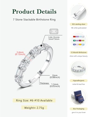 3.5mm Half Eternity Band Sterling Silver Rings for Women Sapphire/Ruby/Emerald and Cz Wedding Bands 7 Stone Stackable Birthstone Ring Anniversary Jewelry Size 6-10 - color: 04-CZ-Apr.