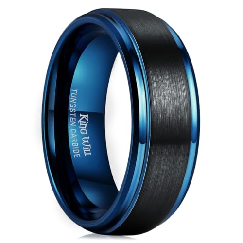 King Will Mens Brushed Wedding Band, Two Tone Matte Step Edges/Pipe Cut, Tungsten Carbide Anniversary Promise Rings Comfort Fit - color: Black&Blue-8mm