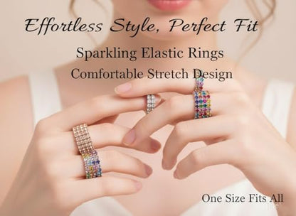 Sparkling Rhinestone Ring Set Trendy Elastic Rhinestone Crystal Stretch Ring Stackable Jewelry for Women Girls - color: 3 Colors (Colorful, Golden, Silver)-A