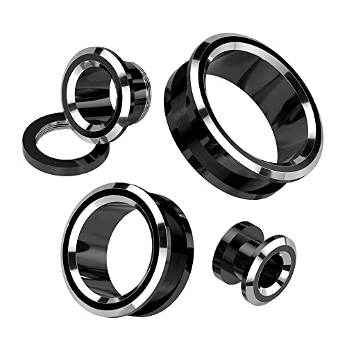 Pierced Owl 316L Stainless Steel Black and Silver Tone Rim Screw Fit Tunnel Plugs, Sold as a Pair - style: 8mm (0GA)