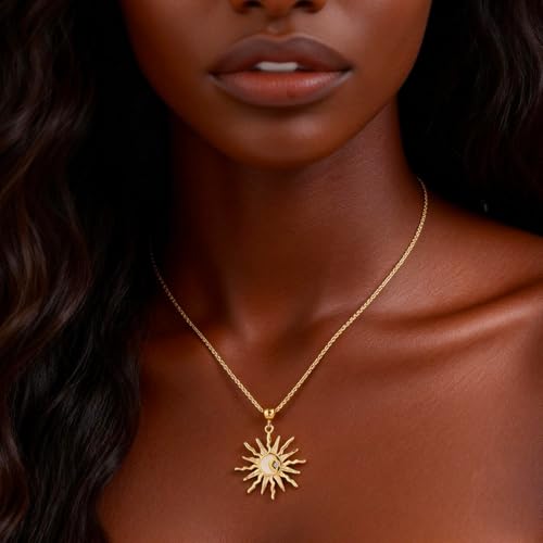 Dainty 14k Plated Gold Sun Necklace for Women, Trendy CZ Sunburst Pendant Necklace Non Tarnish Jewelry for Gifts - style: Shell