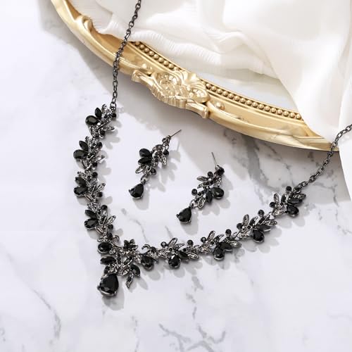 Women's Wedding Jewelry Set Leaf Flower for Bridal Prom Party | Stunning Crystal Teardrop Marquise Cluster Pendant Necklace Dangle Earrings Set for Bride Bridesmaid - color: Black Black-Tone
