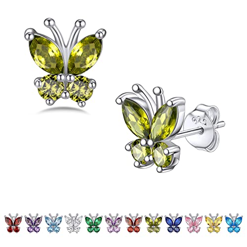 Bestyle Gold Butterfly Earrings for Women, Dainty Cute Birthstone Studs Hypoallergenic Jewelry, Great Birthday Gift - style: 08.August (Peridot)-STUD