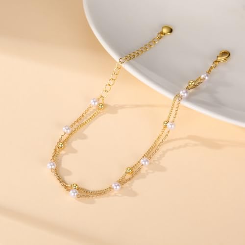 Gold Pearl Bracelet for Women, 18K Gold Plated Dainty Pearls Beaded Chain Bracelet Jewelry Gifts for Women - color: D-Gold 4