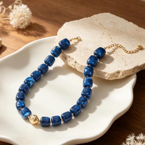 Chunky Beaded Necklace for Women,Square Resin beads boho Choker Necklace with gold-tone spacers,Fashion Trendy Summer Beach Party Necklaces Handmade Surfer Beach Necklaces Jewelry Gifts - color: Deep Blue