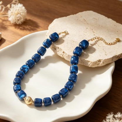 Chunky Beaded Necklace for Women,Square Resin beads boho Choker Necklace with gold-tone spacers,Fashion Trendy Summer Beach Party Necklaces Handmade Surfer Beach Necklaces Jewelry Gifts - color: Deep Blue