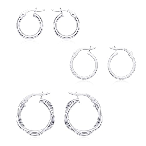 Charmsy Set of 3 Pairs 925 Sterling Silver Hoop Earrings for Women | Lightweight Italian 2.5mm Tube Diamond-Cut Classic Texured Click-Top Hoops Earring | Size 12/13/15/18/20/25mm - color: Tri-PAIR-13/15/20mm
