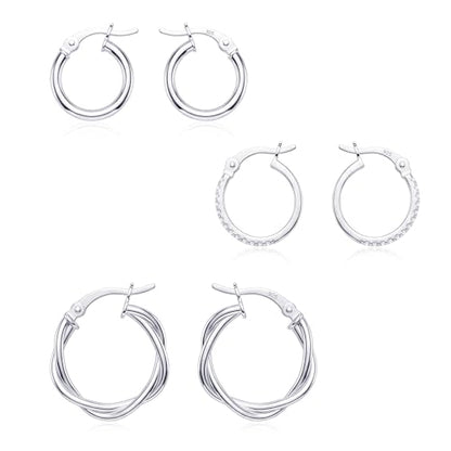 Charmsy Set of 3 Pairs 925 Sterling Silver Hoop Earrings for Women | Lightweight Italian 2.5mm Tube Diamond-Cut Classic Texured Click-Top Hoops Earring | Size 12/13/15/18/20/25mm - color: Tri-PAIR-13/15/20mm