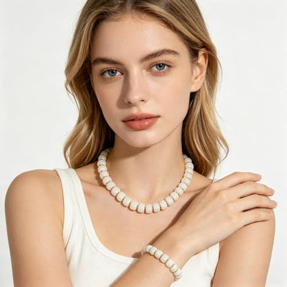 NEWITIN 2 Pieces Summer Beach Jewelry for Women Chunky Beaded Necklace Bracelet Trendy Big Resin Beaded Choker Boho Charm Statement Colorful Jewelry Set for Women - color: White