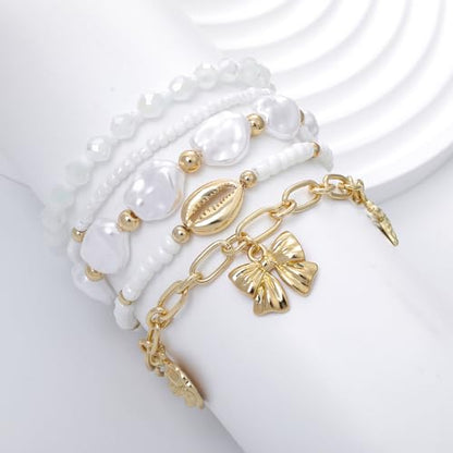 LALAPPLE Shell Bracelet Boho Beaded Stretch Bracelets for Women Seashell Strand Bracelets Starfish Charm Jewelry Summer Beach Jewelry Stackable Crystal Gold Plated Beads Bracelet for Women - style: T-Style9 wave
