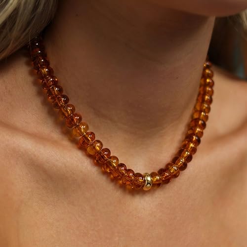 Chunky Colorful Bead Necklace Summer Fashion Statement Boho Beaded Chunky Necklace for Women Adjustable Length Lightweight Cool Suitable for Beach Vacation Daily Wear & Summer Parties - color: Amber