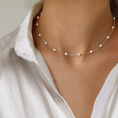 Gold Pearl Necklace For Women - 14K Gold Plated Layered Herringbone Chain Pearl Necklace, Trendy Simple Gold Jewelry Gift - color: Satellite Pearl-Silver