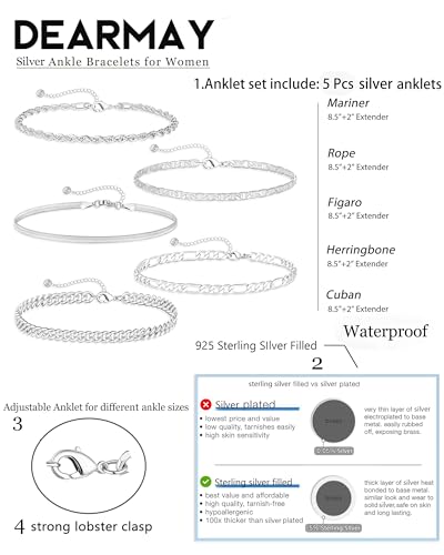 Dainty Ankle Bracelets for Women Waterproof | Layered Gold Plated Tennis Cuban Snake Rope Paperclip Beaded Link Chains Set, Summer Beach Jewelry Gift - color: Silver Anklet B