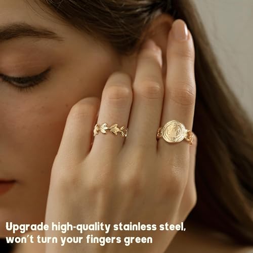 Besteel 18K Gold Plated Rings for Women, Stainless Steel Statement Rings Pack Stacking Boho Midi Rings Adjustable Open Ring Band Twisted Signet Rings Non Tarnish Gold Rings