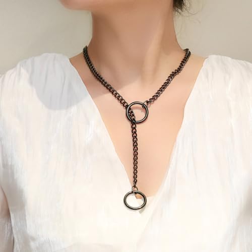 Slip Chain Choker for Women Handmade Black Stainless Steel Cuban Chain Chunky Moon Bat Raven Skull Pendant Gothic Punk Rock Collar Adjustable Lariat Y Necklace for Men - style: Black O-ring