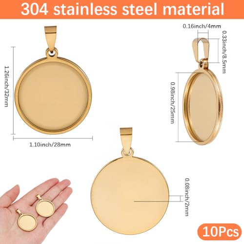 1 Box 10Pcs 25mm Gold Bezel Trays Stainless Steel Cabochon Setting Metal Flat Round Cameo Pendant Base Trays Blanks Charm for Photo Jewelry Making Earrings Necklace DIY Craft Accessories - style: gold round