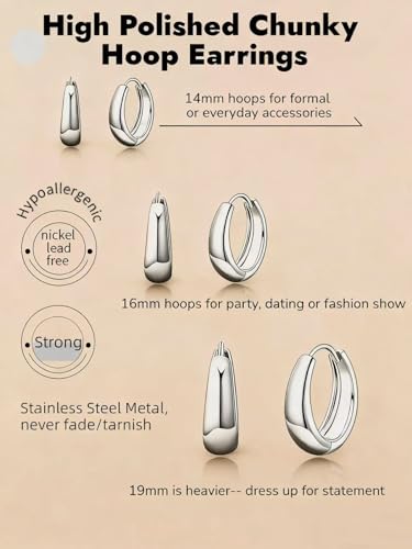 Chunky Small Hoop Earrings for Women 14mm/16mm/19mm Stainless Steel Huggie Earrings Everyday Jewelry Gift for Wife Mom, with Gift Box - color: Silver 19mm