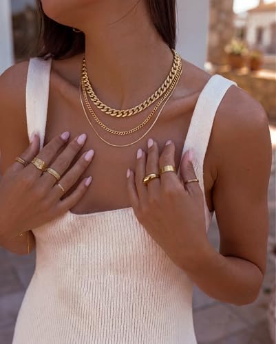 Freekiss Layered Necklace Set for Women Stackable | Herringbone Snake Cuban Rope Chain, Dainty Choker, Layered Stackable, Non Tarnish, Hypoallergenic, Adjustable 14-18.5" - color: Gold, style: 8mm Cuba+Box Chain+2.5 Cuba