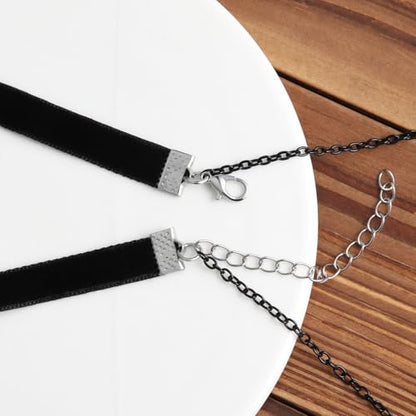 Gothic Layered Necklace, Black Velvet Choker with Dark Pendant | Soft Velvet Choker, Black Pendant, Layered Chain, Dark Academia Aesthetic, Alt Fashin Jewelry, Goth Gift for Women - style: Black Crescent Moon