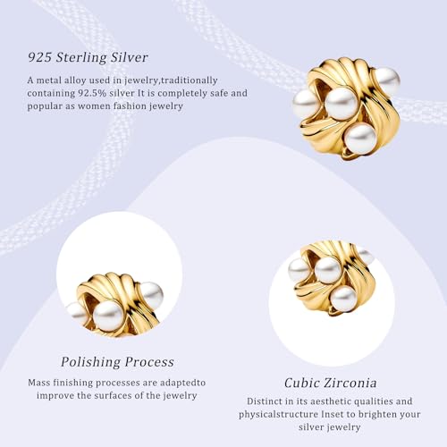 14K Gold Plated Silver Charms for Pandora, Women Heart Family Love Pet Animal Bead Dangle for Bracelets Necklace Jewelry Gift - color: B-Golden -Wave Pearls