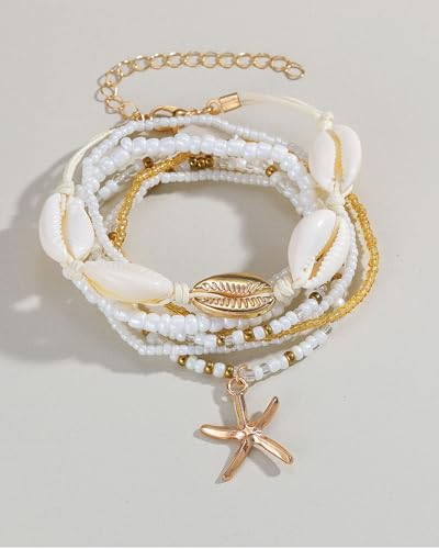 Shell Bracelets for Women Layered Seashell Starfish Bracelets Stackable Stretch Boho Beaded Bracelet Summer Beach Surfer Bracelet Seaside Beach Dress Outfits Accessories - color: A3:shell bracelets