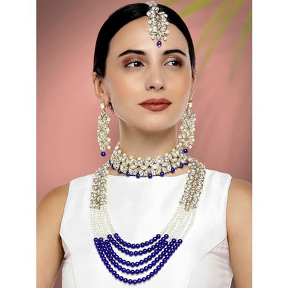 Aheli Wedding Party Wear Bridal Jewellery Choker Long Pearl Necklace Earrings Maang Tikka Indian Traditional Set Gift for Women - color: Blue