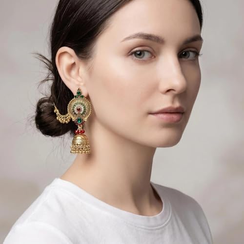 Pink Bollywood Traditional Jhumka Jhumki Statement Dangle Drop Earrings for Women Long Chain Tassel Hair Accessories CZ Faux Pearl Beaded Indian Bell Chandelier Stud Earring Boho Bride Wedding Jewelry - color: Green