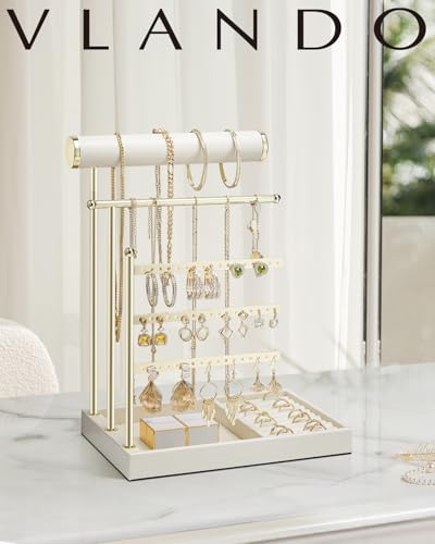 VLANDO Jewelry Stand Organizer with Ring Holder Tray, Necklace and Earring Storage for Bracelets, Watches and Rings, PU Leather Covered Wooden Tray with Gold Metal Frame - Beige - color: Cloud White