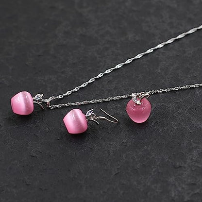 Uloveido Apple Necklace and Earrings Set for Women Cute Apple Jewelry Set for Teacher Mom YL007 - color: Pink