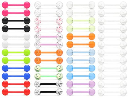 Prjndjw 48Pcs 14G 16mm 14MM Glow in Dark Tongue Nipple Ring Plastic Flexible Acrylic Straight Barbell Body Piercing Jewelry for Women Men Tongue NIppie piercings - color: 14.0 millimetres