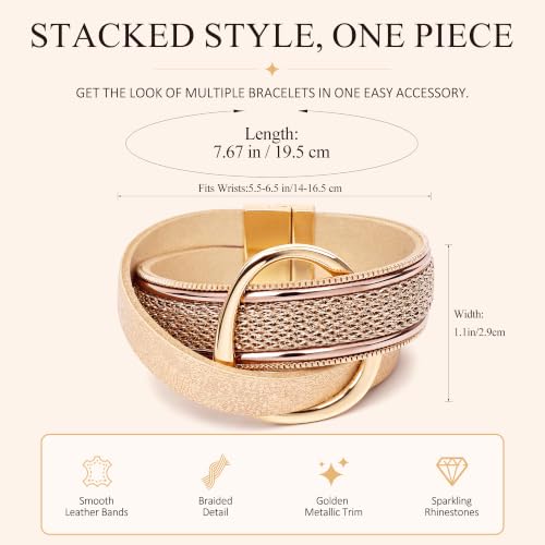 Edoneery Leather Wrap Bracelets for Women, Boho Layered Cuff Bangle | Multi-layer leather cuff, daily wear, stackable bangle, easy on-off, western jewelry gifts for women - color: Gold-2