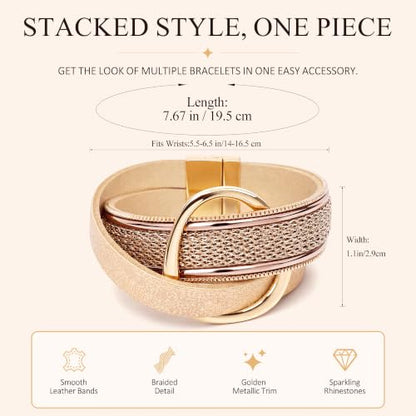 Edoneery Leather Wrap Bracelets for Women, Boho Layered Cuff Bangle | Multi-layer leather cuff, daily wear, stackable bangle, easy on-off, western jewelry gifts for women - color: Gold-2
