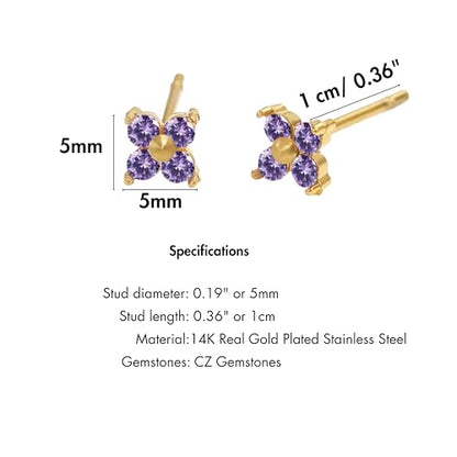 QueenBee 14K Gold Plated Ivy Flower Birthstone Stud Earrings for Women Dainty Floral Gemstone Studs Unique Jewelry Gift for Her - color: June - Alexandrite