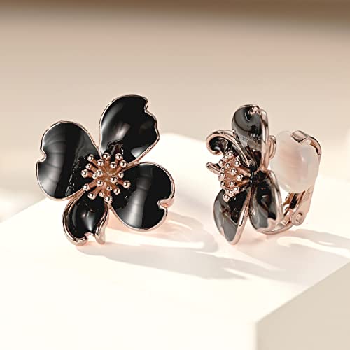 Clip on Earrings Women, 14K Gold Plated Earrings for Sensitive Ears, Fashion Women's Earrings Jewelry Birthday Gift for Wife Grandma Daughter Girls on Christmas Thanksgiving - color: Rose Gold Black Earrings