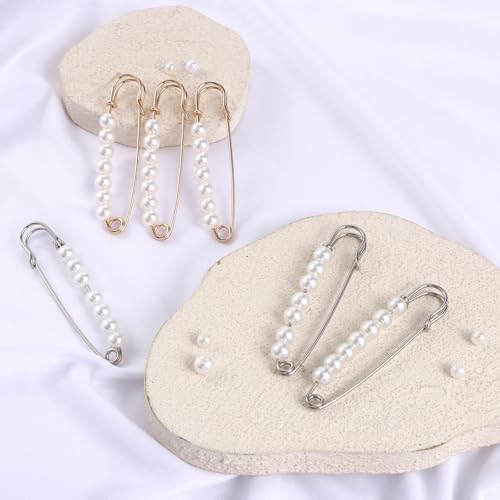 6 PCS Pearl Brooch Pin for Women Decorative Safety Pins, Faux Pearl Safety Pins for Clothes Pants Clips to Tighten Waist, Large Extender Decorative Pin for Shawl Sweater Dress Hat Pants Wedding