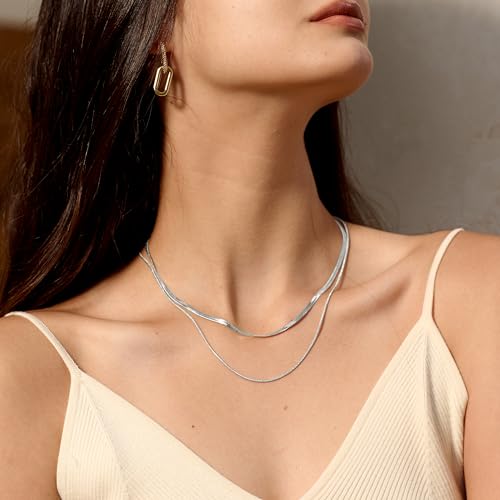 CHESKY 14K Gold/Silver Plated Snake Chain Necklace Herringbone Necklace | Gold Necklace for Women,layered Herringbone Necklace,1.5/3/5MM(W) 14"/16"(L) ,Mothers Day Gifts for Mom,Jewelry - color: silver, style: layered herringbone