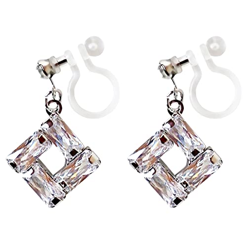 Drop Cubic Zirconia Invisible Clip On Earrings for Women Not Pierced Gold Teardrop Sqaure CZ Crystal Dangle Gold Silver Comfortable Clip On Earrings Bridal Wedding Prom - color: Square 2 Silver