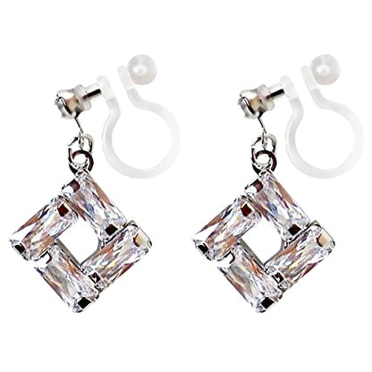Drop Cubic Zirconia Invisible Clip On Earrings for Women Not Pierced Gold Teardrop Sqaure CZ Crystal Dangle Gold Silver Comfortable Clip On Earrings Bridal Wedding Prom - color: Square 2 Silver