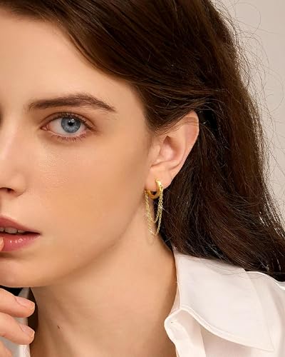 Tassel Chain Small Gold Hoop Dangle Earring For Women Huggie Earring Heart Star CZ 14K Gold Plated Fashion Jewelry Graduation Gift for Her Mothers Day Gifts for Mom - color: Gold-No zircon