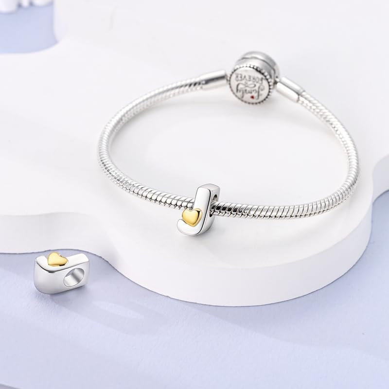 Women 925 Sterling Silver Charms A-Z Heart Letters Beads Pendant for Bracelets Women Fit Pandora Bracelets Hypoallergenic Beads - color: J