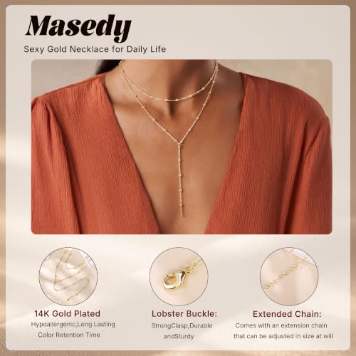 Long Gold Necklace for Women Dainty Layered Lariat Necklace | 14k Gold Plated Clover Teardrop CZ Y Shaped Drop Necklaces Cute Long Necklace for Women Trendy Prom Formal Womens Jewelry - color: Beaded chain y necklace