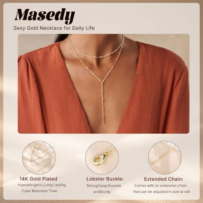 Long Gold Necklace for Women Dainty Layered Lariat Necklace | 14k Gold Plated Clover Teardrop CZ Y Shaped Drop Necklaces Cute Long Necklace for Women Trendy Prom Formal Womens Jewelry - color: Beaded chain y necklace