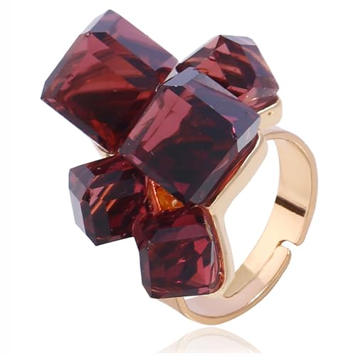 Hebelee Boho Square Crystal Statement Ring for Women Adjustable | Gold-Toned Expandable Promise Engagement Geometric Rings Comfort Fit Elegant Art Deco Christmas Cocktail Y2K Jewelry - color: Wine Red