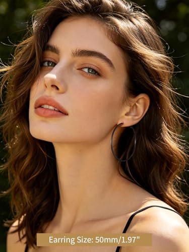 FindChic Thin Hoop Earrings for Women,Silver/Black/Gold Plated 20-100mm - color: Black, size: 50mm