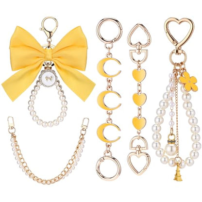 Sureio 5 Pcs Bag Extender Chain Pearl Purse Chain Ribbon Bow Keychain Extender Bag Strap Purse Charms Accessories for Handbag - color: Yellow and Gold